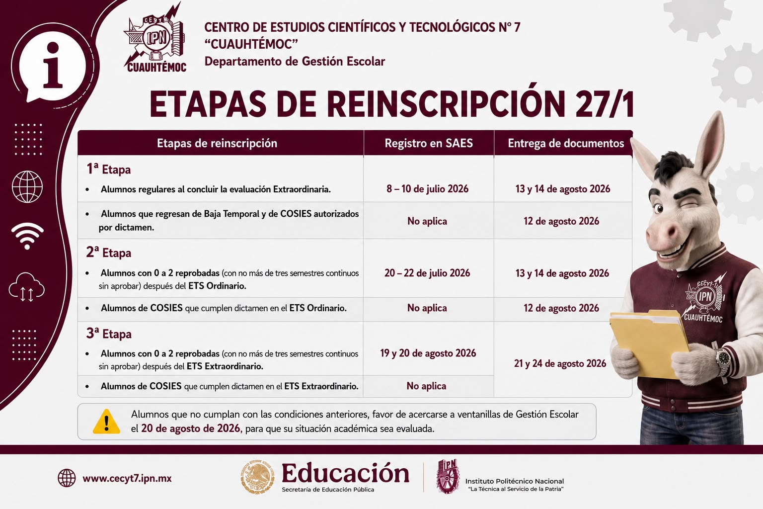 Calendario de etapas de reinscripción, periodo 2027/1 (agosto 2026 - enero 2027)